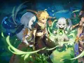 Postacie z Genshin Impact PS4: Paimon, Aether, Nahida i Cyno w magicznym lesie.