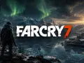 Zimowy krajobraz z zorzą polarną i napisem FAR CRY 7. Postać w zimowym ubraniu stoi na wzgórzu, patrząc na zamarznięte jezioro i osadę.