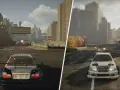 Dwie sceny z gry Need for Speed Most Wanted remake: po lewej BMW M3 z tyłu, po prawej BMW z przodu.