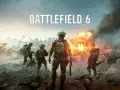 Żołnierze na tle płonącego miasta, z napisem "BATTLEFIELD 6". Gra dostępna w ramach Game Pass.