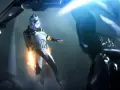 Żołnierz klonów w powietrzu, strzelający z blastera. Intensywna akcja w stylu Star Wars Battlefront 3.