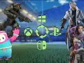 Master Chief, Fall Guy, and Apex Legends characters symbolizują gry cross play. Ikony Xbox, PlayStation, Switch i Windows.