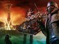 Postapokaliptyczny pustynny krajobraz z neonowym znakiem "Welcome to Fabulous New Vegas" i wieżą Lucky 38. W kadrze żołnierz w pancerzu, gotowy do walki, jak w Fallout New Vegas 2.