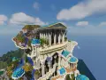 Majestatyczne budowle Minecraft na klifie, przypominające starożytną świątynię z niebieskimi kopułami i wodospadami.