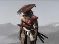 Samuraj w zniszczonej zbroi i kapeluszu, gotowy do walki w nowej grze plus Ghost of Tsushima.