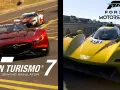 Porównanie Gran Turismo 7 i Forza Motorsport na Xbox Series X. Czerwony samochód sportowy i żółty bolid wyścigowy.