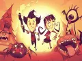 Postacie z gry Don't Starve Together na Nintendo Switch, otoczone przez potwory, w mrocznym, ale barwnym stylu.