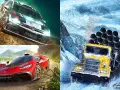 Wielkie wyścigi w grze z f1 game pass: rajdowy VW, czerwony supersamochód i żółta ciężarówka w śnieżnej zamieci.