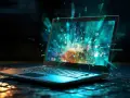 Laptop z eksplodującym ekranem, pełnym kolorowych danych. Czy Steam jest bezpieczny? Obraz sugeruje, że cyfrowy świat może być nieprzewidywalny.