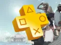 Gry PS Plus kwiecień: żółty symbol PlayStation Plus na tle postaci i tropikalnej wyspy.