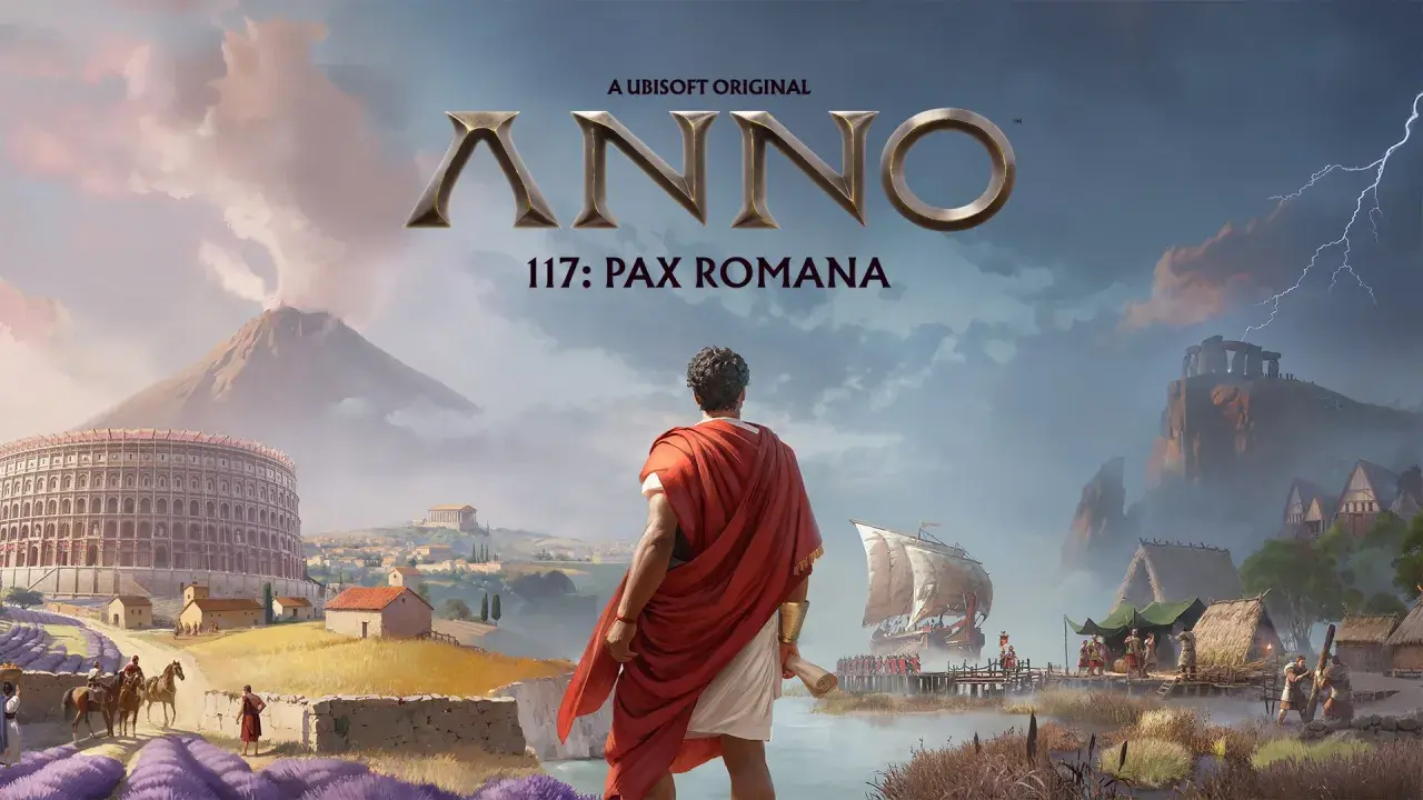 Anno 117: Pax Romana. Rzymski przywódca patrzy na rozwijające się imperium, od Koloseum po odległe osady. Wulkan i burza zapowiadają wyzwania.