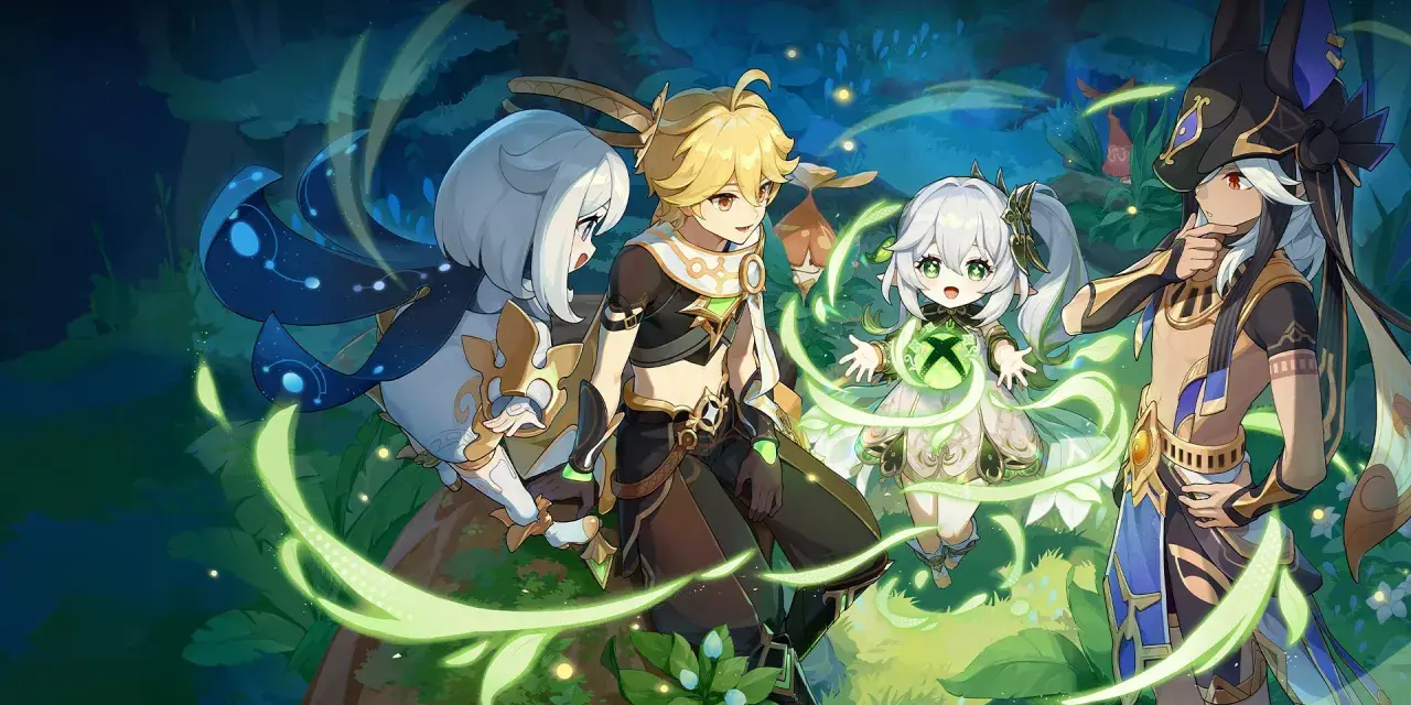 Postacie z Genshin Impact PS4: Paimon, Aether, Nahida i Cyno w magicznym lesie.
