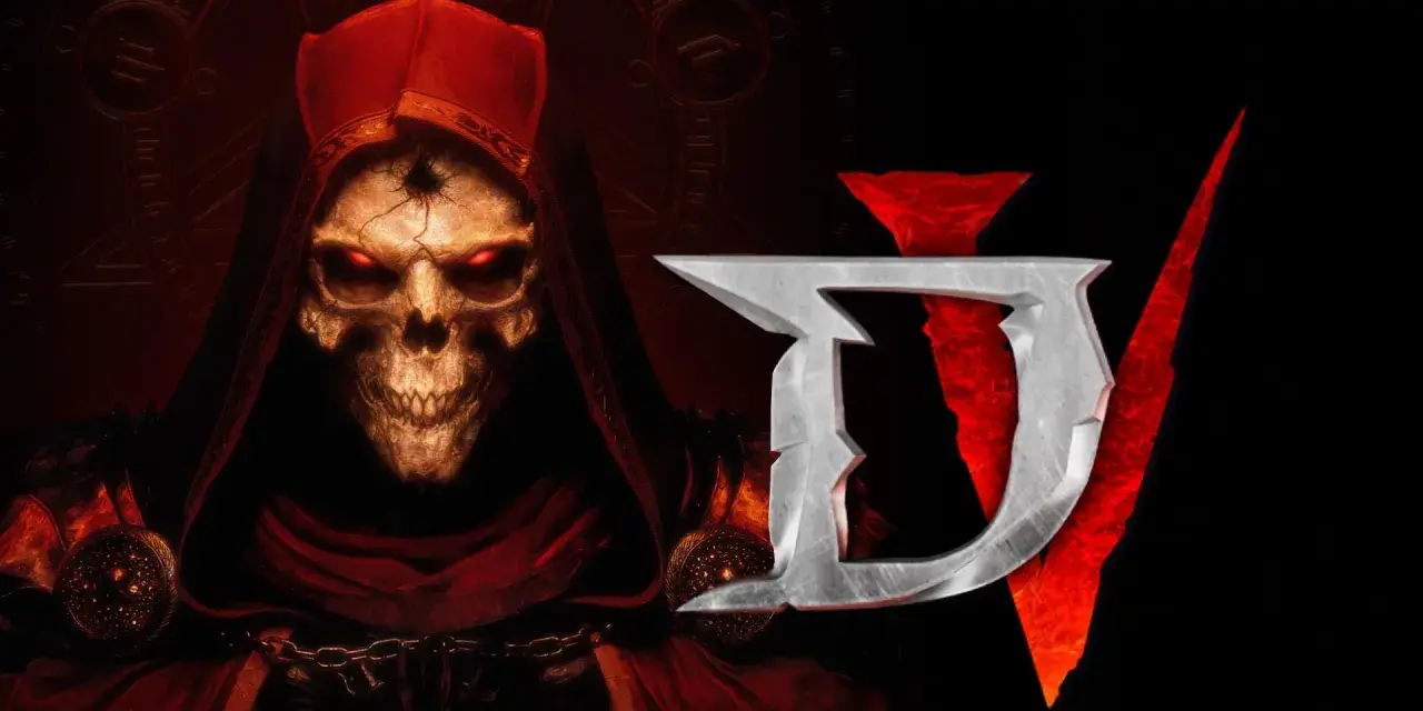 Mroczny, czaszkopodobny byt w czerwonej szacie z płonącymi oczami, obok logo Diablo 5.