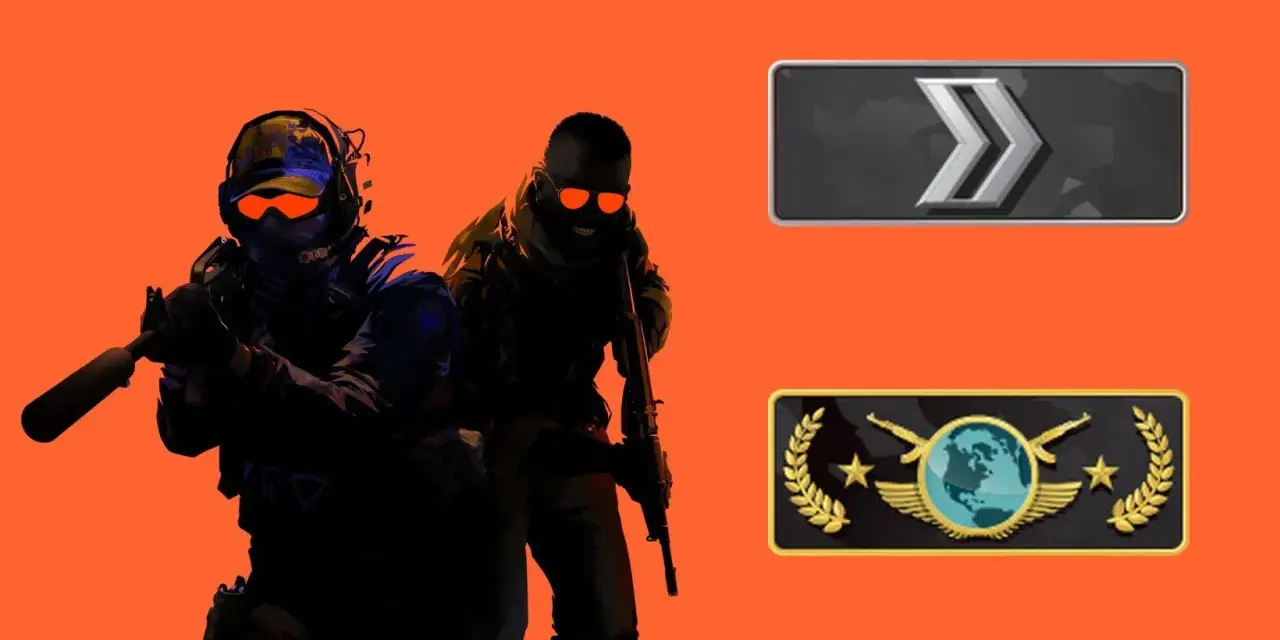 Dwóch graczy CS:GO z bronią, obok nich ikony rang: Srebrny II i Global Elite.