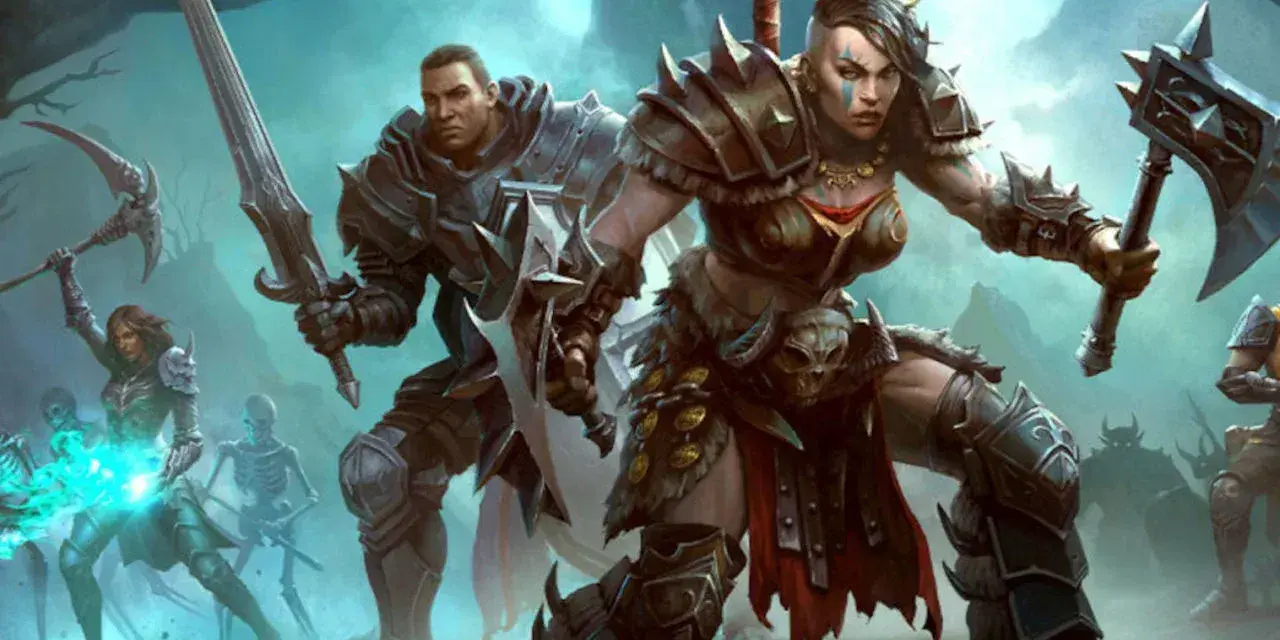 Wojownicy z Diablo Immortal na PS5 walczą z armią szkieletów i demonów.
