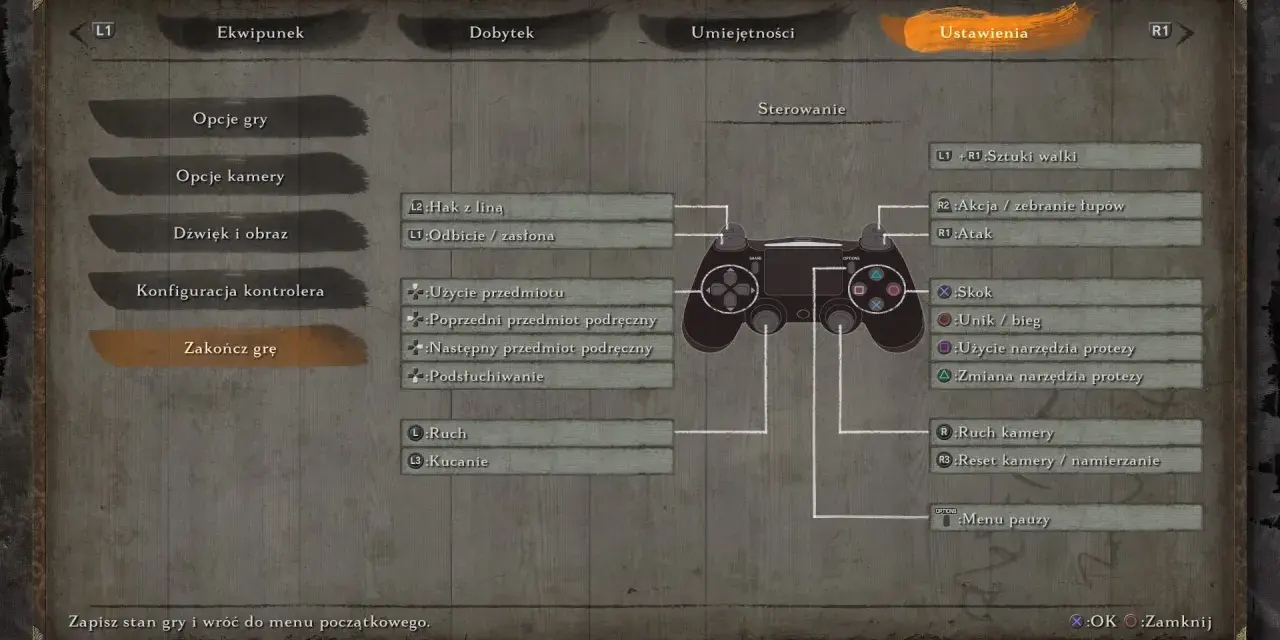 Sekiro poradnik: ekran ustawień kontrolera. Pozwala dostosować sterowanie, by lepiej opanować walkę i eksplorację.