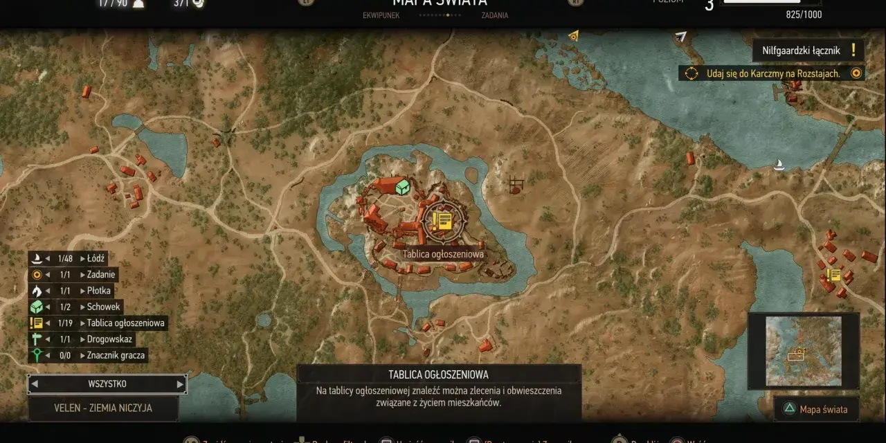 Mapa świata Wiedźmin 3, z zaznaczoną tablicą ogłoszeniową i zadaniem "Nilfgaardzki łącznik". Gra dostępna w ramach Game Pass.