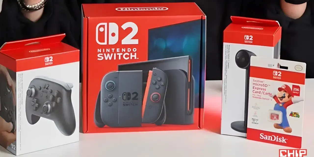Premiera Nintendo Switch: konsola, kontroler Pro, karta pamięci SanDisk z Mario i akcesorium.