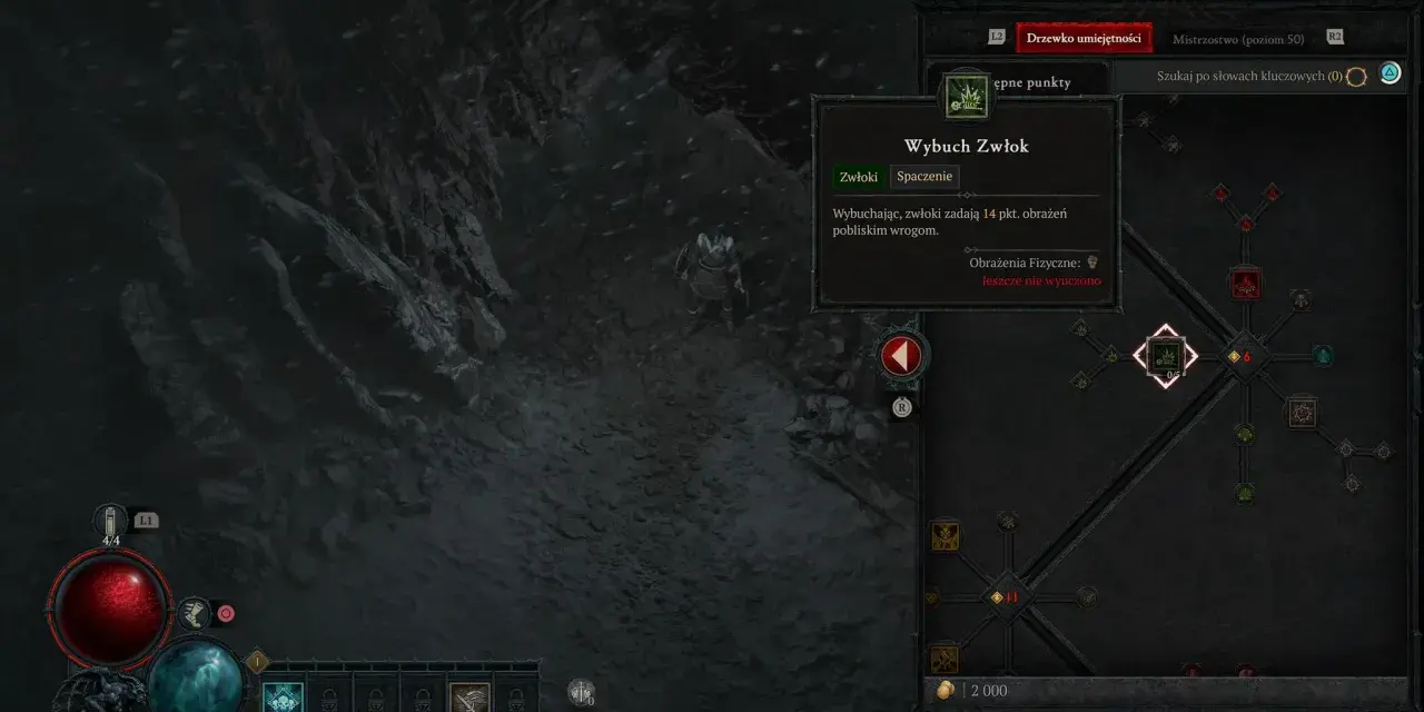 Diablo 4 nekromanta build: drzewko umiejętności z aktywną zdolnością "Wybuch Zwłok", która zadaje obrażenia pobliskim wrogom.