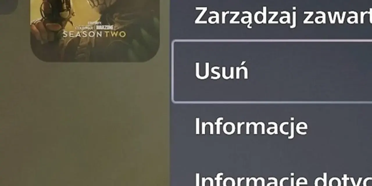 Ekran PS5 z opcją "Usuń" pod "Zarządzaj zawartością". Dowiedz się, jak odinstalować grę na PS5.