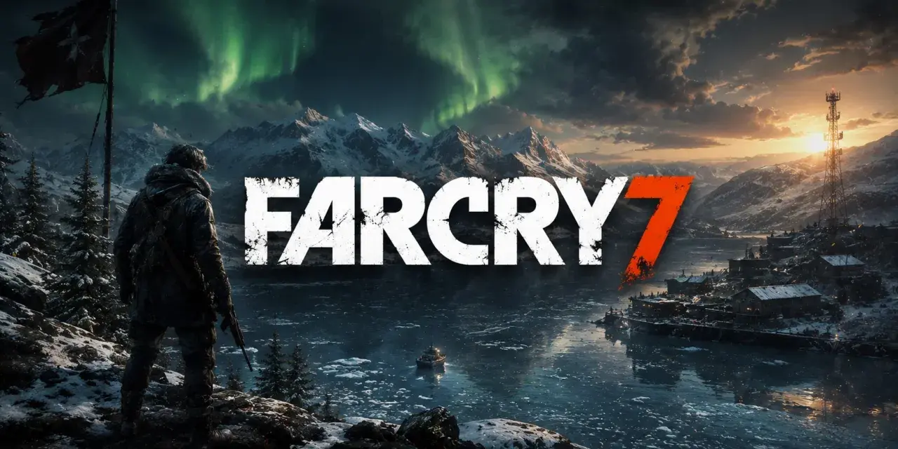 Zimowy krajobraz z zorzą polarną i napisem FAR CRY 7. Postać w zimowym ubraniu stoi na wzgórzu, patrząc na zamarznięte jezioro i osadę.