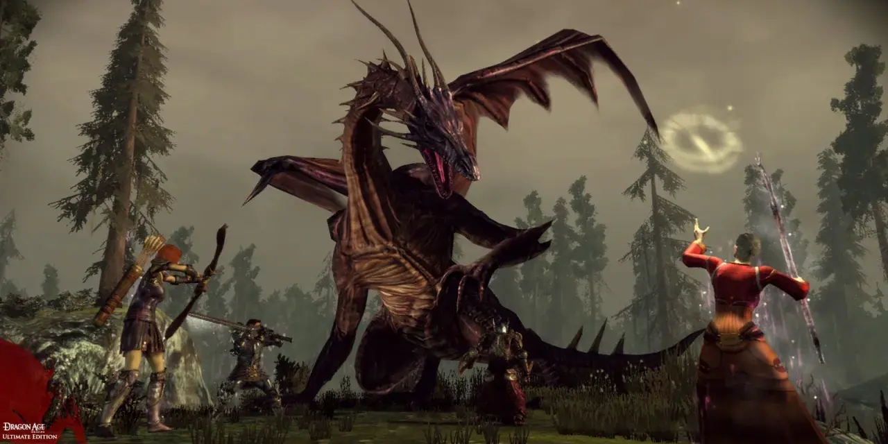 Smok z Dragon Age Origins poradnik walczy z łuczniczką i magiem w lesie.