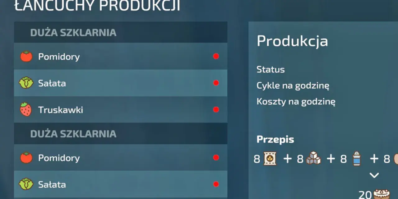 Menu łańcuchy produkcyjne fs22 pokazuje szklarnie z pomidorami, sałatą i truskawkami. Przepis na ciasto wymaga składników.