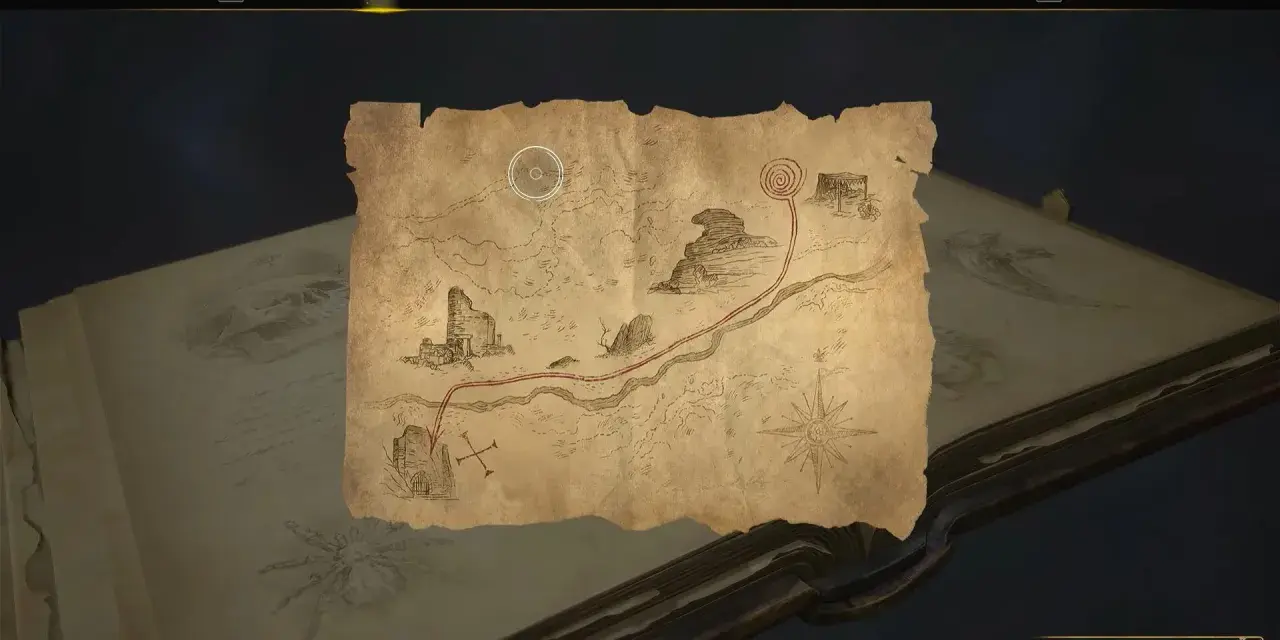 Mapa skarbów, która może być częścią opowieści o Rowlandzie Oakesie. Widoczne ruiny, góry i zaznaczona trasa.