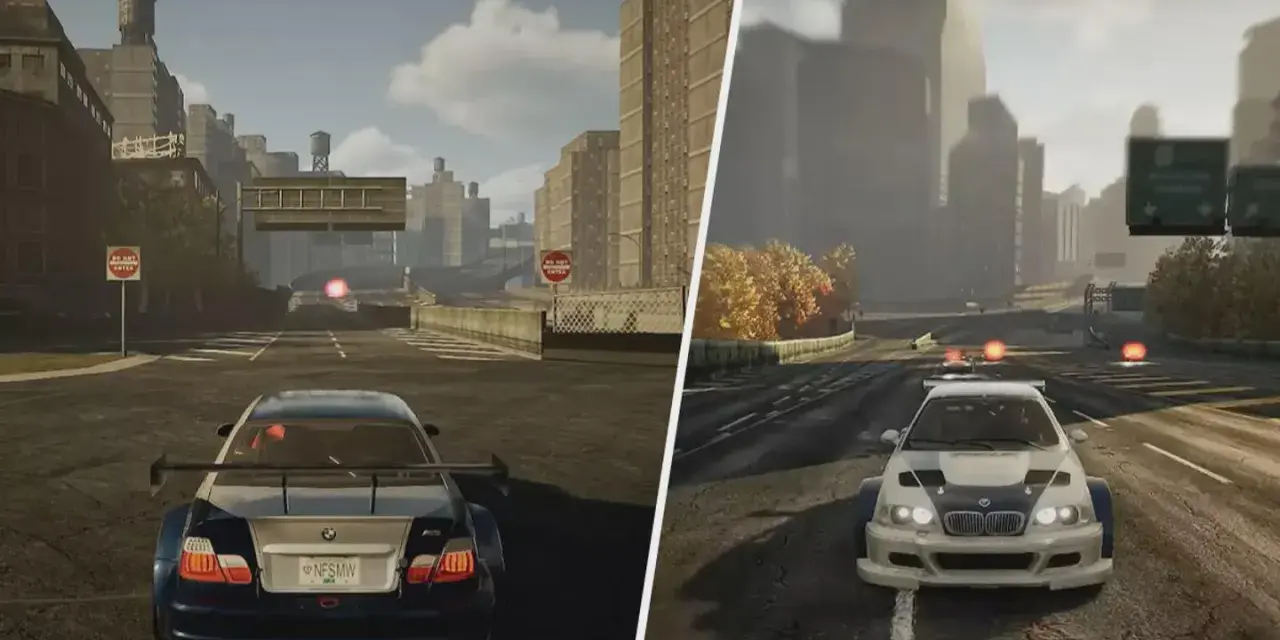 Dwie sceny z gry Need for Speed Most Wanted remake: po lewej BMW M3 z tyłu, po prawej BMW z przodu.