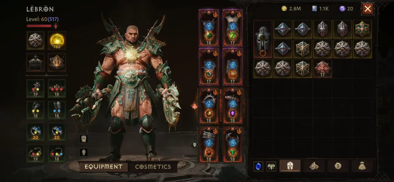 Barbarzyńca z Diablo 2, poziom 60, w potężnym pancerzu i z dwoma toporami. Jego ekwipunek sugeruje potężny diablo 2 barbarzyńca build.