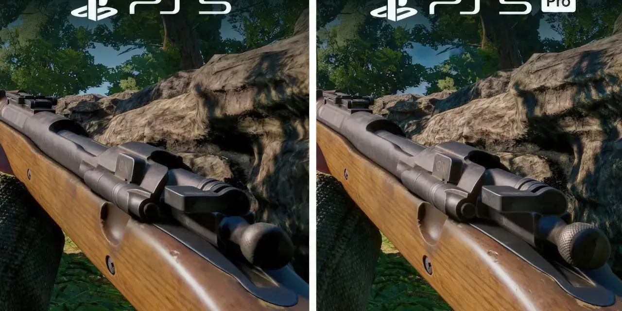 Porównanie grafiki War Thunder na PS5 i PS5 Pro. Widok z perspektywy pierwszej osoby na karabin w lesie.