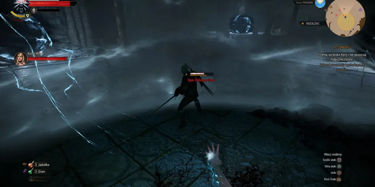 Geralt walczy z Ogarami Dzikiego Gonu w mrocznej lokacji, podczas gdy Keira Metz rzuca zaklęcia. To polowanie na czarownice w Wiedźminie 3.