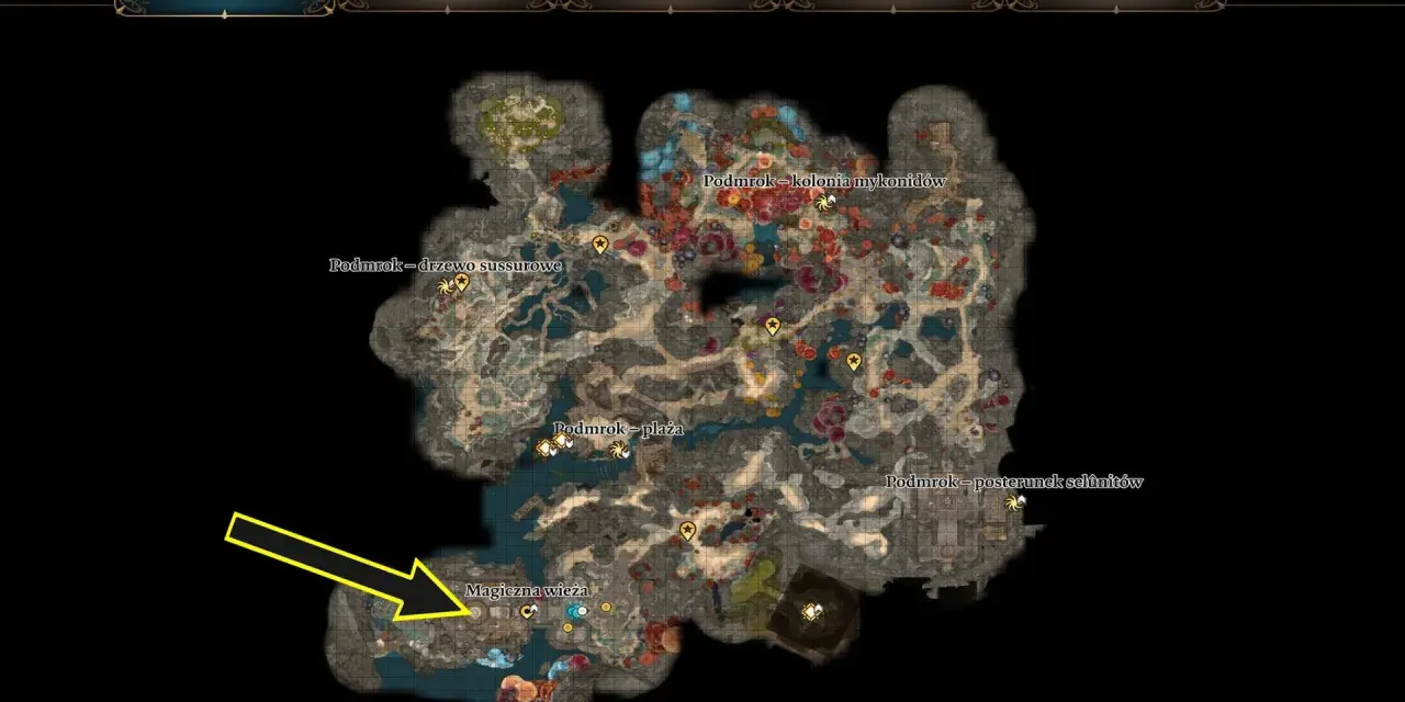 Mapa BG3: Podmrok, z zaznaczoną Magiczna wieża. Wskazuje drogę do tajemniczej wieży.