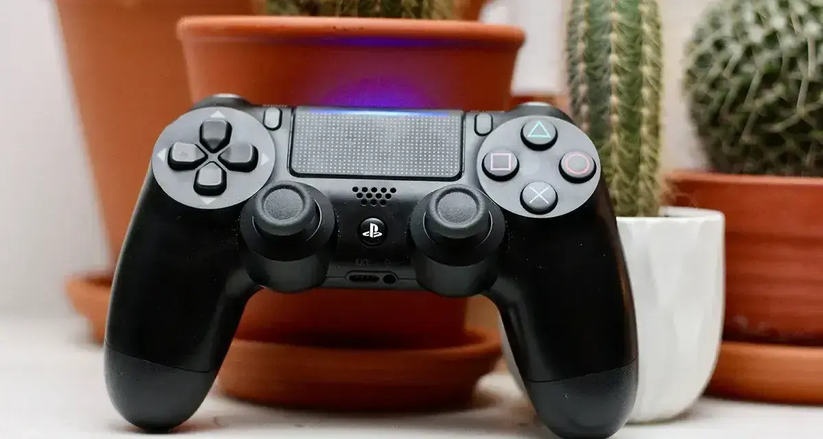 Czarny pad do PlayStation, gotowy do gry. W tle kaktusy w doniczkach.