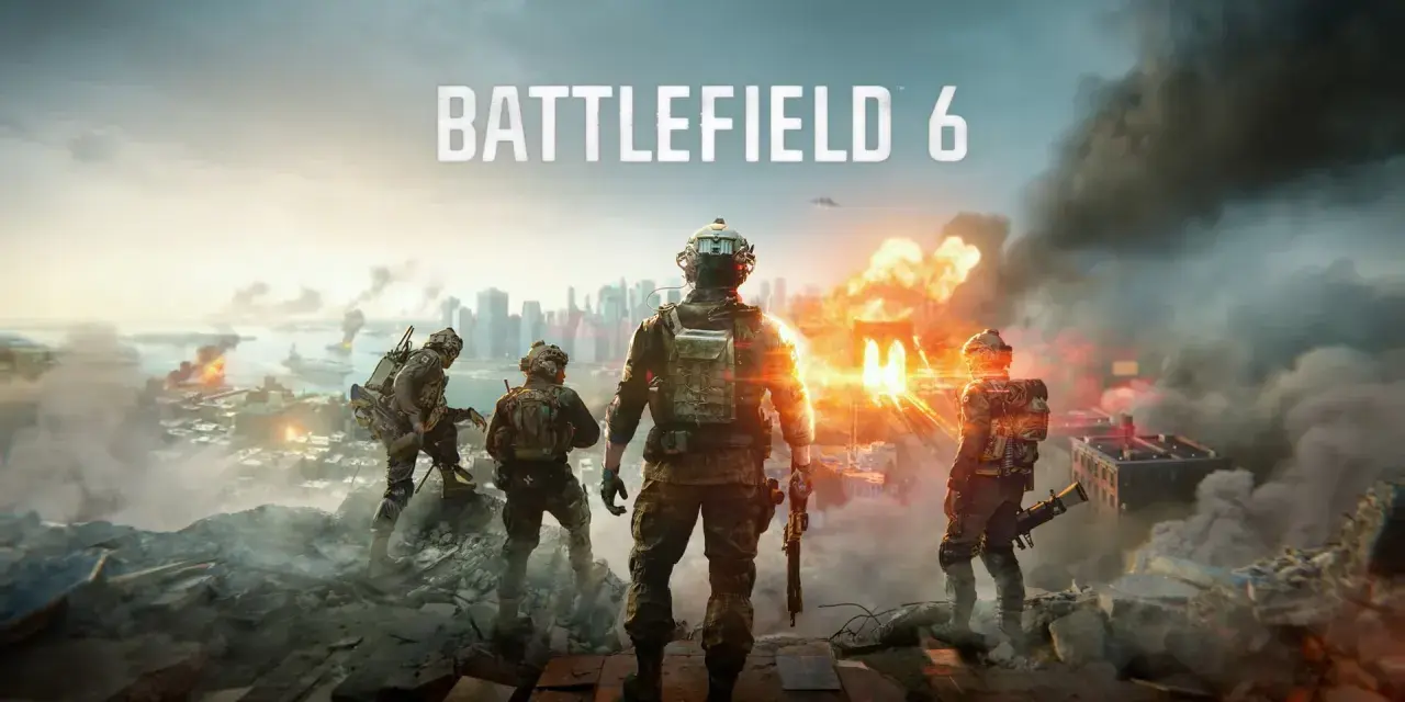 Żołnierze na tle płonącego miasta, z napisem "BATTLEFIELD 6". Gra dostępna w ramach Game Pass.