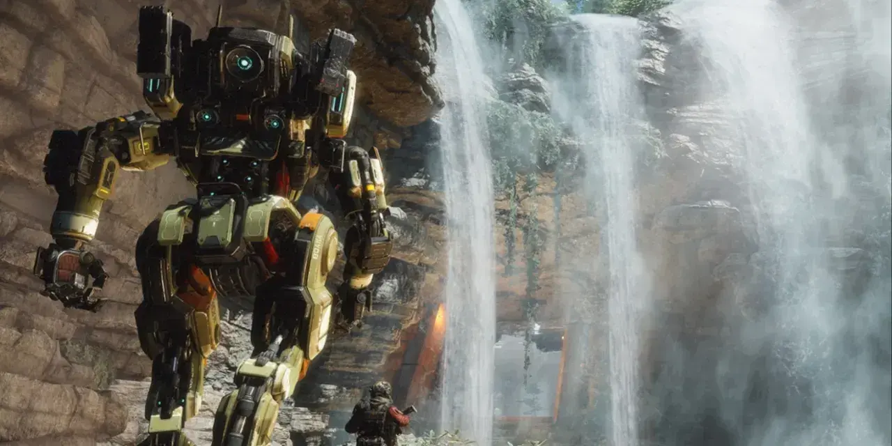 Gigantyczny mech i pilot stoją przy wodospadzie. Fani zastanawiają się: Titanfall 3 kiedy?