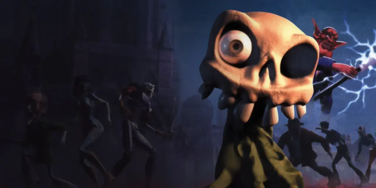 Strach i groza w remake'u Medievil 2. Czaszka z wielkim okiem patrzy na armię zombie i demona z piorunami.