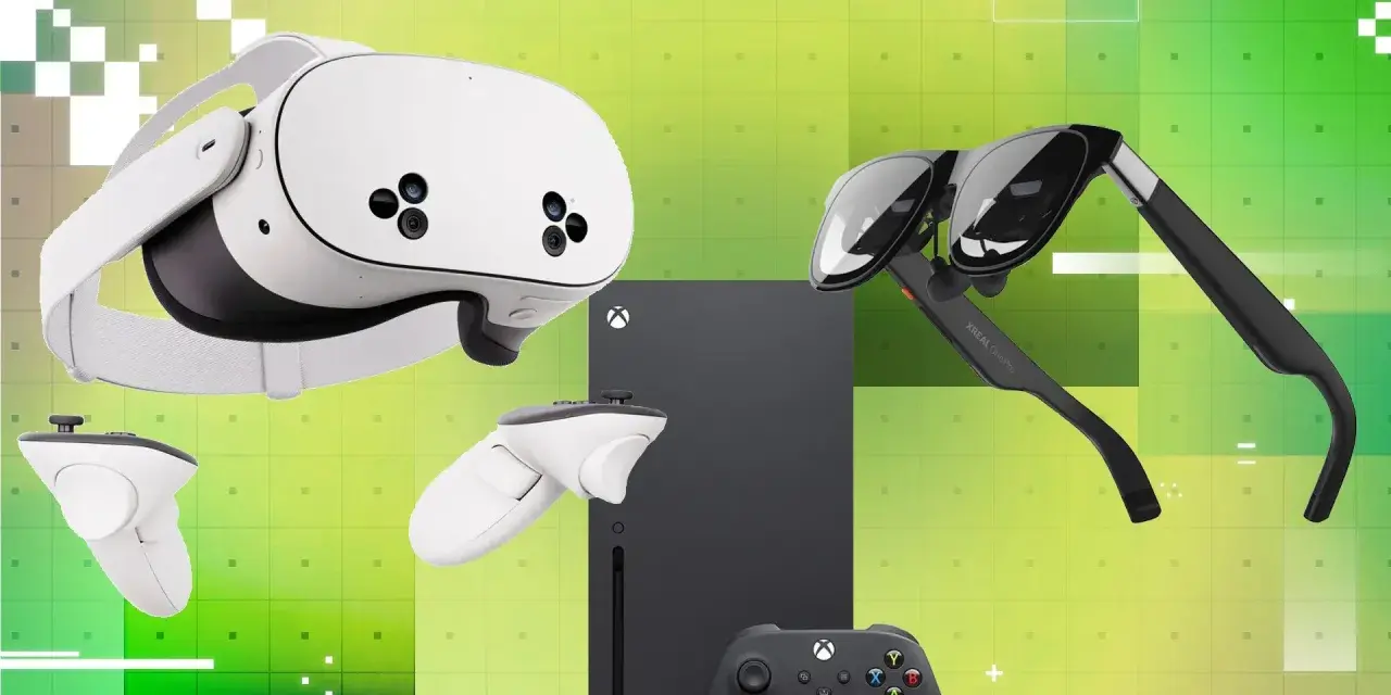 Gogle VR, okulary AR i kontrolery obok konsoli Xbox Series X. Przyszłość gier wirtualnych i rozszerzonych.