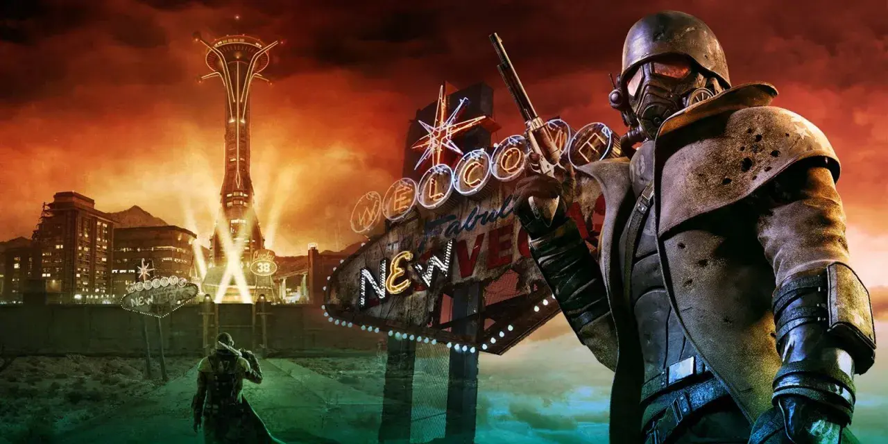Postapokaliptyczny pustynny krajobraz z neonowym znakiem "Welcome to Fabulous New Vegas" i wieżą Lucky 38. W kadrze żołnierz w pancerzu, gotowy do walki, jak w Fallout New Vegas 2.