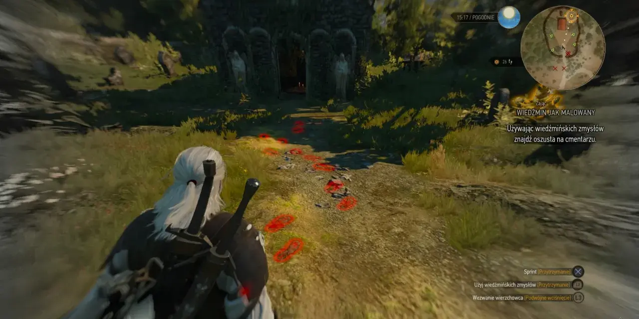 Geralt podąża tropem, który prowadzi do starego cmentarza. Wiedźmin jak malowany, gotów do akcji.