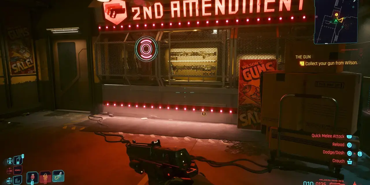 Cyberpunkowy cel: sklep z bronią "2nd Amendment" z neonowym szyldem. Gracz zbiera broń od Wilsona.