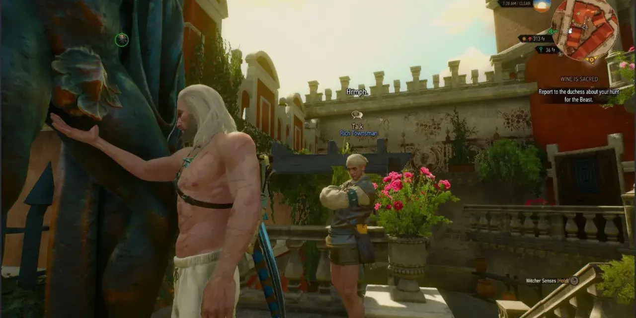Geralt z Rivii, w poszukiwaniu wiedźmin 3 jaja reginalda, rozmawia z bogatym mieszczaninem na tarasie.
