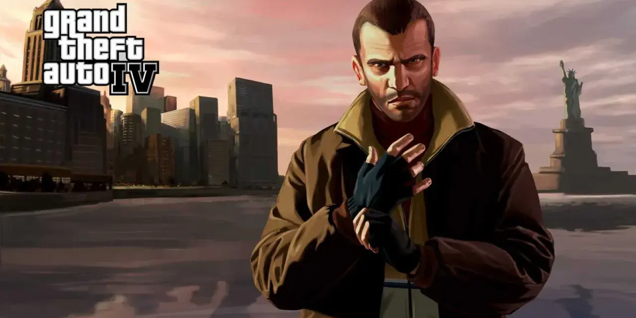Niko Bellic w Liberty City, zapowiedź **gta 4 remastered**. Miasto, Statua Wolności i bohater gry.