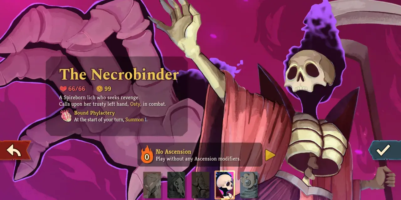 Postać z gry Slay the Spire 2: The Necrobinder, szkielet w szacie z kosą, gotowa do walki.