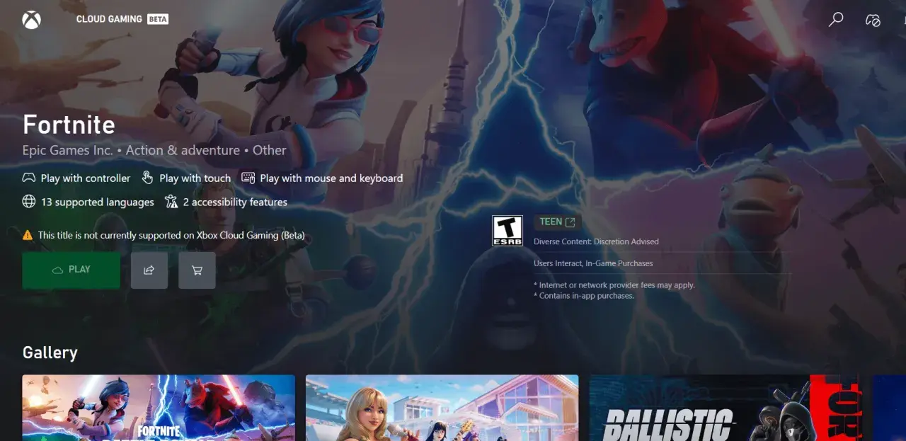 Fortnite na Xbox Cloud Gaming (Beta) - gra akcji i przygody. Uwaga: tytuł nie jest obecnie wspierany.