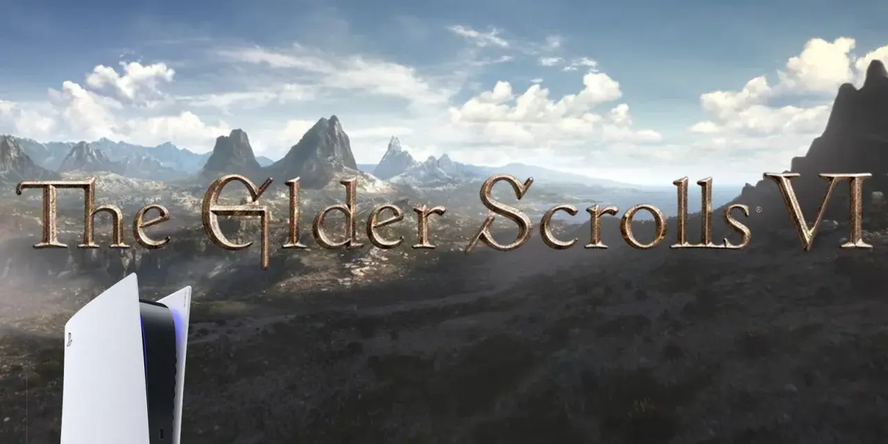 Krajobraz z gry The Elder Scrolls VI, z konsolą PS5 na pierwszym planie.