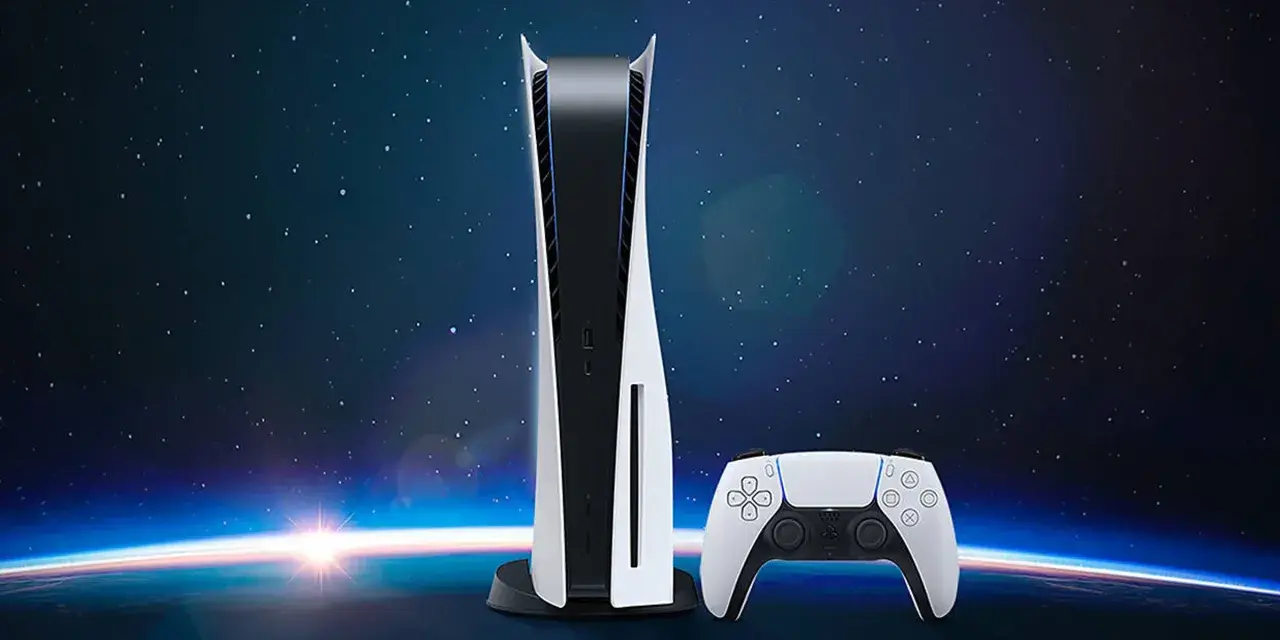 Konsola PS5 i kontroler DualSense na tle kosmosu z widokiem na Ziemię. Premiera PS5 była przełomem.