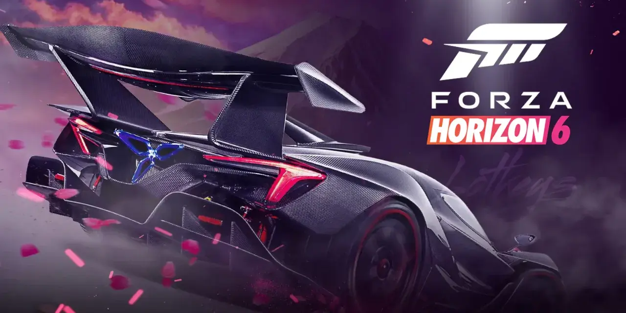 Wyścigowy bolid z włókna węglowego z ogromnym skrzydłem, zapowiadający premierę Forza Horizon 6.