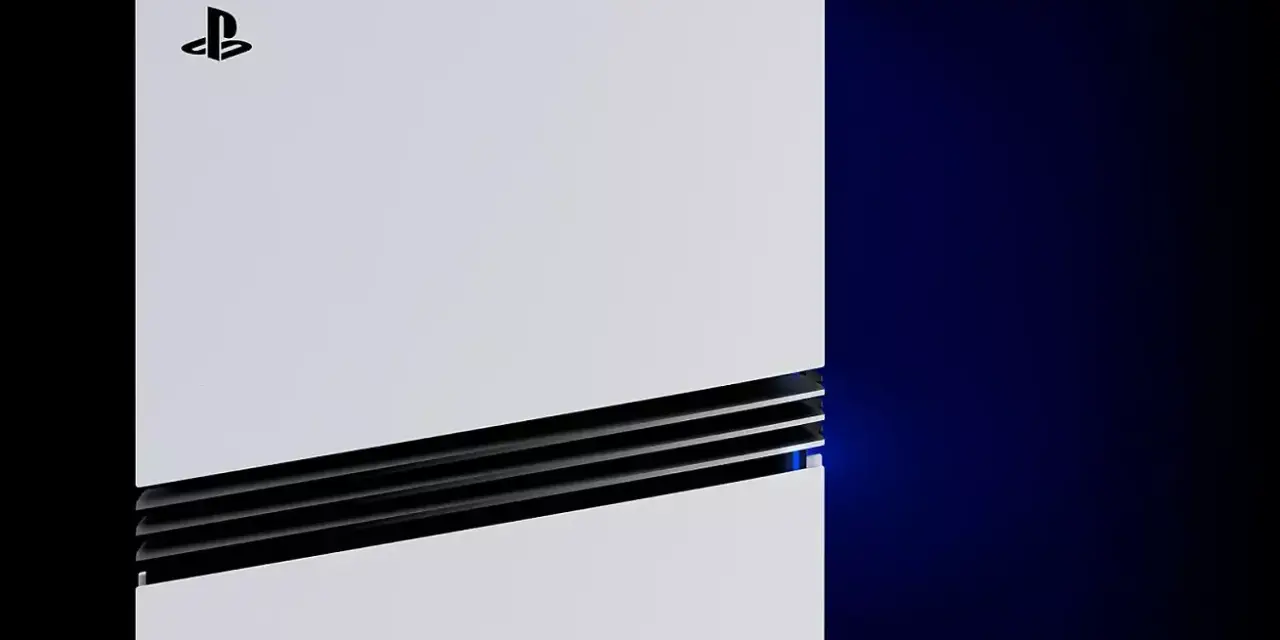 Biała konsola PlayStation z logo, z czarnymi wstawkami i niebieskim podświetleniem. To przyszłość gier, czyli PS5 Pro.