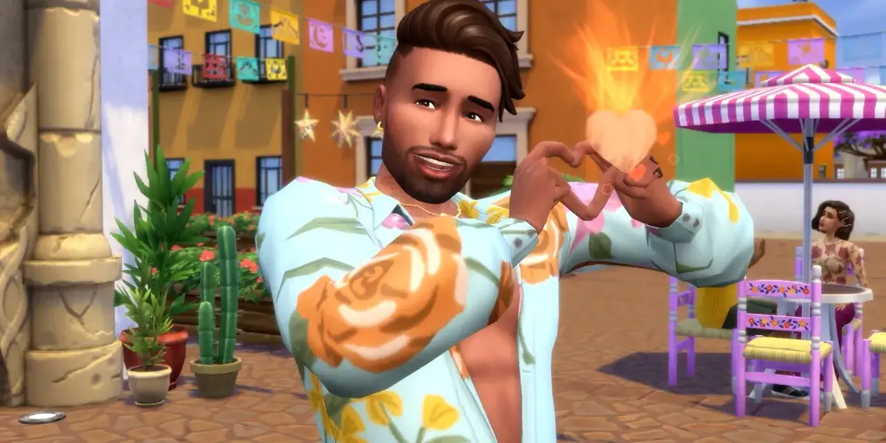 Sympatyczny Sim z gry **Woohoo Sims 4** tworzy serce z dłoni, emanując miłością i radością na tle kolorowej uliczki.